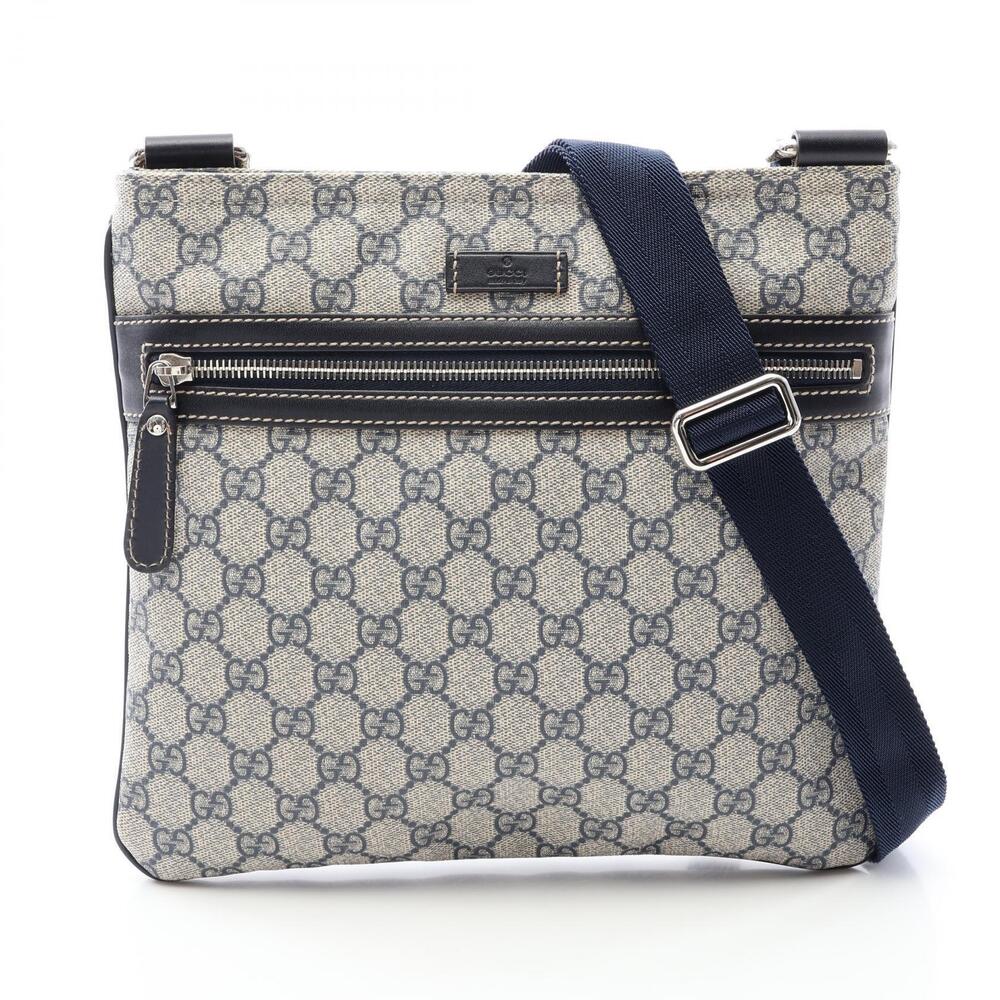 Gucci GG Supreme Shoulder Bag Canvas Leather Beige Cream Navy Blue